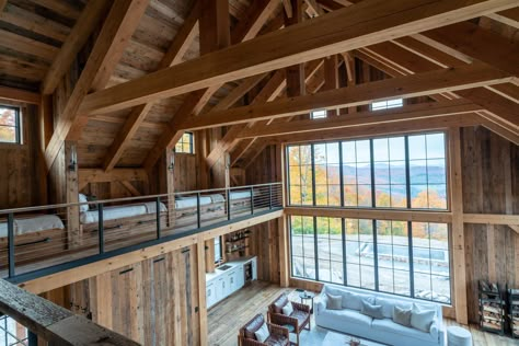 Timber Frame Vacation Home in Barnard, VT - Vermont Frames Cabin Bunk Room, Timber Frame Interior, Garage With Loft, Timber Frame Garage, Workshop Architecture, Timber Frame Cabin, Woodstock Vt, Farm Building, Beam Structure