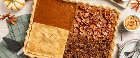 4-Flavor Sheet Pan Pizzaz - Hormel Foods Sheet Pan Pie 4 Flavor, Sheet Pan Pie, Hormel Recipes, Pumpkin Pecan Pie, Peanut Butter Pie, Egg Wash, Pumpkin Pie Spice, Pecan Pie, Cinnamon Apples