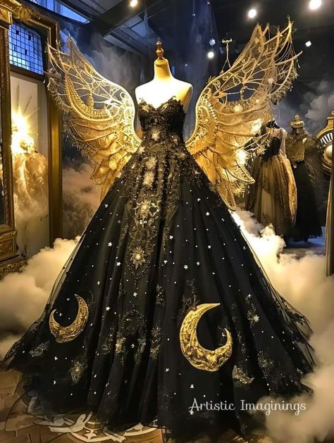 Angel Wedding Dress Wings, Space Themed Dress Met Gala, Celestial Wedding Dress Black, Fantasy Ball Gowns Goddesses, Halloween Ballgown, Mystical Dresses Fairytale, Celestial Ball Gown, Moon Goddess Dress, Mystical Dresses