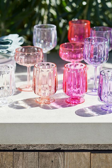 Discover the entire Outdoor Dining & Dinnerware Collection Perfect for patio and pool, these glasses are made of a durable acrylic for worry-free use indoors and outdoors. | Lucia Acrylic Coupe Glasses, Set of 4 by Anthropologie in Pink, Size: S/4 coupe Drinks Glasses Aesthetic, Birthday Bar Decorations, Cute Cocktail Glasses, Drinking Glasses Aesthetic, Aesthetic Dinnerware, Mixed Glassware, Fun Glassware, Alcohol Glasses, Wedding Registry Checklist