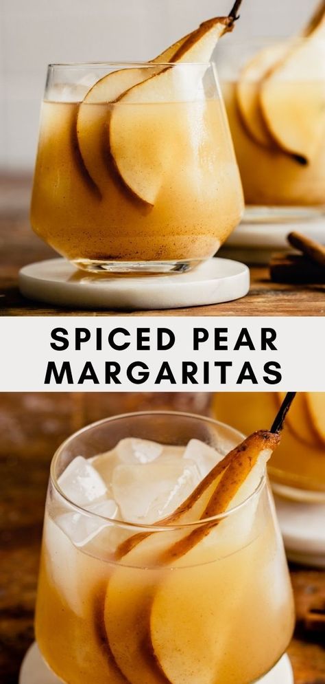 These unique pear margaritas feature a spiced pear simple syrup made with honey, cinnamon, nutmeg, clove and ginger. Shaken with tequila, lime and ginger liqueur, these margs are warm and cozy—perfect for fall and winter! Ginger Syrup Cocktail, Pear Simple Syrup, Winter Margarita, Pear Drinks, Boozy Pops, Pear Liqueur, Simple Syrup Cocktails, Pear Cocktails, Spiced Honey