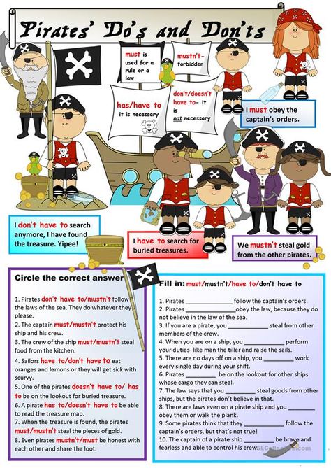 Must & Has/Have to + KEY (Pirate Theme) - English ESL Worksheets for distance learning and physical classrooms Pirate History, Esl Grammar, History Worksheets, Easy English, Teaching Lessons, Do's And Don'ts, Grammar Worksheets, Teaching Jobs, Esl Worksheets