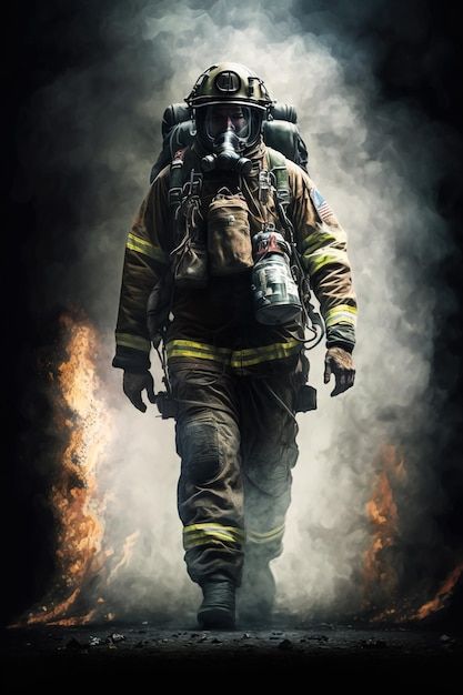 Firefighter works on fire fireman walks ... | Premium Photo #Freepik #photo #fire-fighter #fireman #firefighter #fire-rescue Firefighter Images, Fireman Art, Fire Dept Logo, Burning Building, Fire Officer, Firefighter Art, Jet Fighter Pilot, Firefighter Baby, Fire Hall