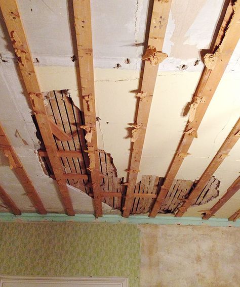 Don't remove the furring strips! Furring Strip Ceiling, Furring Strip Projects, Restoring Old Houses, Hollow Wall Anchors, Wall Repair, Dining Room Ceiling, Tin Tiles, Plaster Ceiling, Drywall Screws