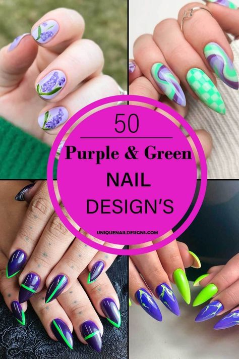 Purple and green nail designs create a vibrant and refreshing look. These bold color combinations are perfect for adding a playful yet elegant touch to your style. Mint Nail Designs Ideas, Green Purple And White Nails, Nail Art Green Purple, Purple Green Ombre Nails, Purple Blue Green Nails, Purple And Green French Tip Nails, Purple And Green Nail Ideas, Purple And Green Nail Art, Mardi Gras Gel Nails