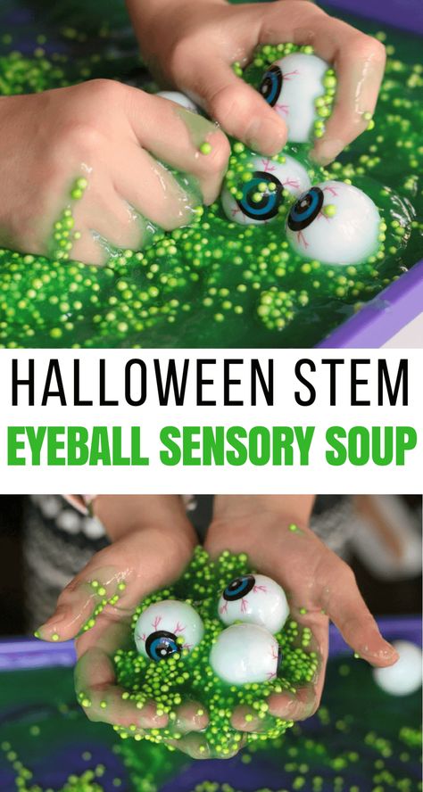 Spooky Sensory Tub Halloween STEM Activity for Kids Eyeball Sensory Bin, Messy Halloween Activities, Sensory Halloween Boxes, Halloween Fun For Kids Activities, Sensory Activities Toddlers Halloween, Eyeball Soup Halloween, Sensory Pumpkin Activities, Dollar Tree Halloween Sensory Bin, Spooky Sensory Bin