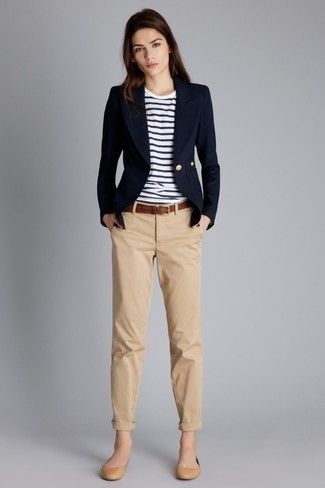 Women's Navy Blazer, White and Navy Horizontal Striped Crew-neck T-shirt, Khaki Chinos, Tan Leather Ballerina Shoes | Women's Fashion | Lookastic.com Informal Dress, Beige Pants, Summer Work Outfits, Mode Casual, Casual Work Outfits, Work Outfits Women, 가을 패션, Business Casual Outfits, Work Attire