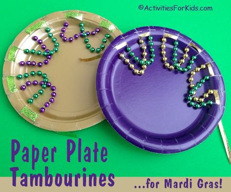 Paper plate tambourine is a perfect Mardi Gras Activity for Kids.  Easy enough for pre-school children and inexpensive to make.  Find more Mardi Gras crafts for kids at ActivitiesForKids.com. Mardi Gras Crafts For Kids, Music Crafts Preschool, Mardi Gras Activities, Mardi Gras Kid, Instrument Craft, Mardi Gras Crafts, Diy Instruments, Music Crafts, Mardi Gras Beads