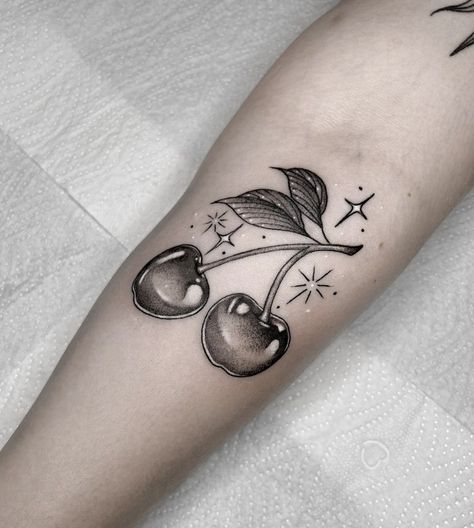 Small Cover Up Tattoo Ideas For Women, Cherry Waves Tattoo, Cherry Tattoo Black, Black Cherry Tattoo, Unique Tattoos Black Women, Cherry Tattoo, Black Work Tattoo, Tattoos Black Women, Cherry Tattoos