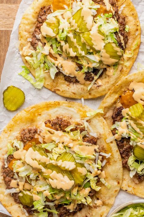 These Big Mac Tacos are a gluten free rendition of the viral smash burger taco recipe! They are so easy to make in less than 10 minutes and taste just like a McDonald's Big Mac, complete with a healthy protein-packed sauce! Healthy Big Mac Smash Tacos, Big Mac Smash Burger Taco Healthy, Healthy Smash Burger Recipe, Smash Burger Healthy, Gluten Free Smash Burgers, Big Mac Smash Burger Tacos, Ground Turkey Smash Taco, Healthy Smash Burger Taco, Macro Friendly Burgers