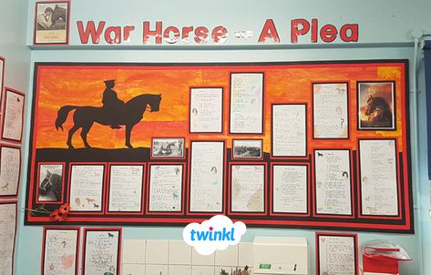 Lovely War Horse inspired display wall, based on the popular book by Michael Morpurgo, teaching children about the history of War. Find hundreds of history themed teaching resources over at Twinkl.   #warhorse #war #ww1 #ww2 #history #display #classroomdecor #classroomdisplay #literature #secondaryschool #teacher #teachingideas #twinkl #twinklresources #teachingresources #childrensbooks #horse #remembrance Ww1 Display, Horse Remembrance, History Display, Primary History, History Lesson Plans, Michael Morpurgo, World History Lessons, Teaching Resources Primary, Ww2 History