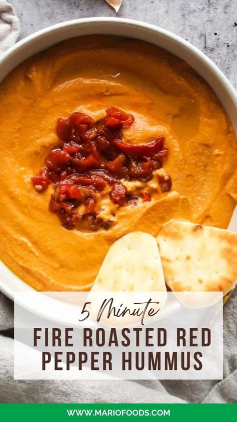 5 Minute- Fire Roasted Red Pepper Hummus Recipe. Healthy Appetizer Recipes Recipes With Fire Roasted Red Peppers, Fire Roasted Red Peppers Recipes, Mario Recipes, Fire Roasted Red Peppers, Roasted Pepper Recipes, Roasted Red Pepper Hummus Recipe, Roasted Red Peppers Recipes, Red Pepper Hummus Recipe, Classic Hummus Recipe