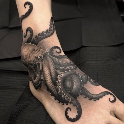 Octopus Tattoos Black And White, Ankle Tattoo Octopus, Octopus Thigh Tattoos Men, Octopus Tattoo On Leg, Octopus Shin Tattoo, Octopus Leg Tattoo Men, Octopus Wrapped Around Tattoo, Unique Octopus Tattoo, Female Octopus Tattoo