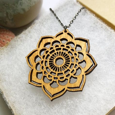 Wood Jewelry Mandala Necklace Laser Cut Jewelry Gift | Etsy Laser Jewelry, Wood Necklace Pendant, Laser Cut Necklace, Mandala Wood, Engraving Ideas, Mandala Earrings, Mandala Necklace, Jewelry Wood, Laser Engraved Ideas