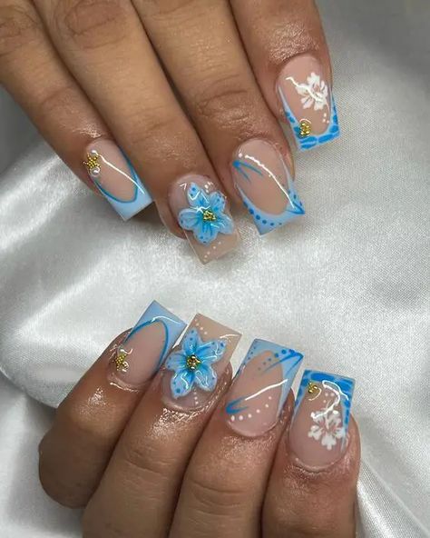 chic. Cute Nails Blue And White, Summer Vacay Nails, Blue And White Nails, Blue Acrylic Nails, Summery Nails, Girly Acrylic Nails, Blue Nail Designs, Blue Nail, Unique Acrylic Nails