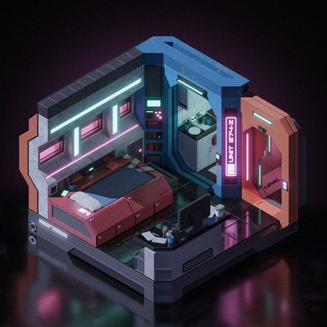 ArtStation - Futuristic Micro-apartment Illustrations, Jesse Riggle Spaceship Bedroom, Sci Fi Rooms, Scifi Room, Futuristic Apartment, Cyberpunk Apartment, Sci Fi Room, Cube Project, Futuristic Room, Interior Concept Art