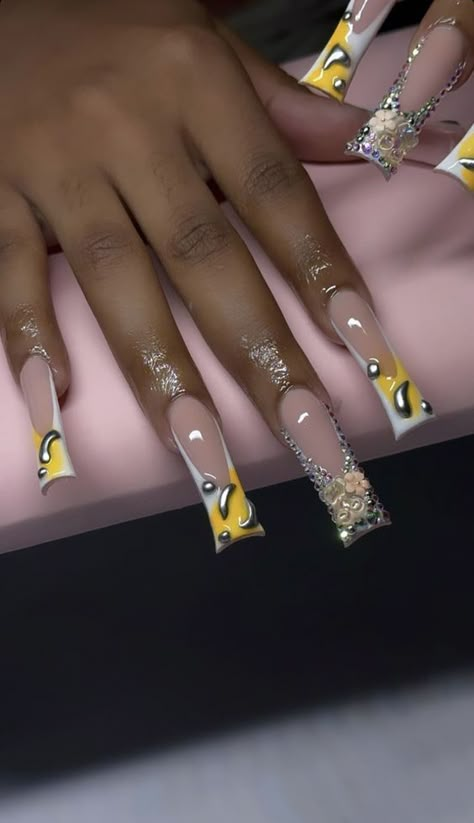 Exotic Nail Designs Medium, Yellow Junk Nails, Extended Duck Nails, Lipstick Nails Shape Long, Nail Freestyle Designs, Yellow Acrylic Nails Designs, French Tip Bling Nails, Dramatic Nails Acrylic, Baddie Nail Art Designs