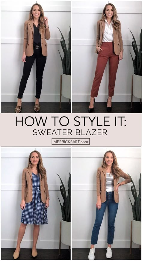 Brown Sweater Blazer Outfit, Women’s Casual Blazer Outfit, Subzero Winter Outfits, How To Style A Blazer Women, Business Retreat Outfit, Women Blazer Outfit Formal, Womens Blazer Outfit Casual, How To Wear A Blazer, Casual Conference Outfits Women