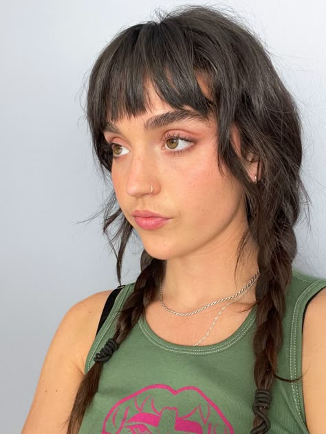 Fun Hairstyles For Bangs, Boho Bangs Hairstyle, Two Lose Braids, Braid Hairstyle With Bangs, Fun Bangs Hairstyles, Bangs Hairstyles Braids, Pigtail Braids With Bangs, Twin Braids With Bangs, Bangs Above The Eyebrow