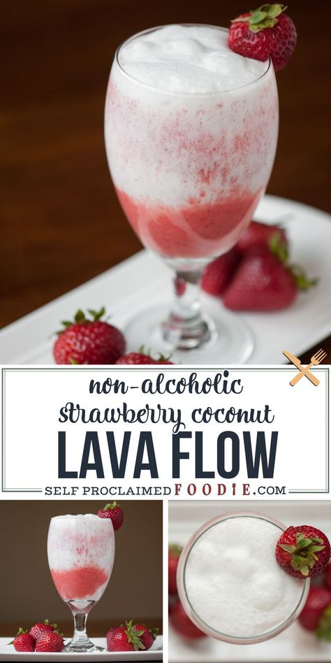 This blended non-alcoholic Strawberry Coconut Lava Flow made with fresh strawberries, pineapple juice and coconut cream is the perfect tropical mocktail. #lavaflow #strawberry #coconut #pineapple #blended #nonalcoholic #kidfriendly #drink #mocktail Hawaiian Punch Recipes, Romantic Drinks, Virgin Drinks, Mocktail Drinks, Strawberry Drinks, Alcohol Free Drinks, Hawaiian Punch, Coconut Drinks, Drink Recipes Nonalcoholic