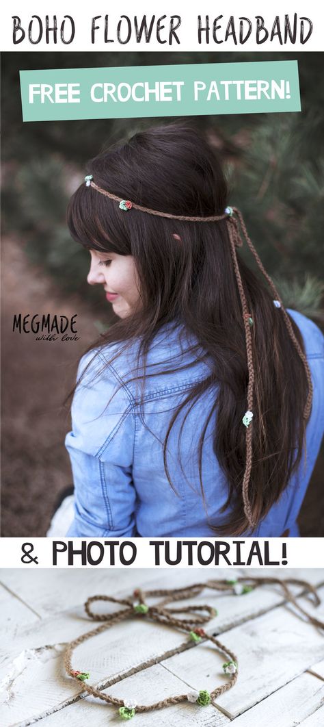 Free Crochet Pattern for an Easy Boho Flower Headband - Megmade with Love Free Form Crochet, Crochet Flower Headbands, Crochet Hairband, Crochet Headband Pattern Free, Crochet Puff Flower, Hippie Headbands, Crochet Jewelry Patterns, Crochet Headband Pattern, Crochet Hair Accessories