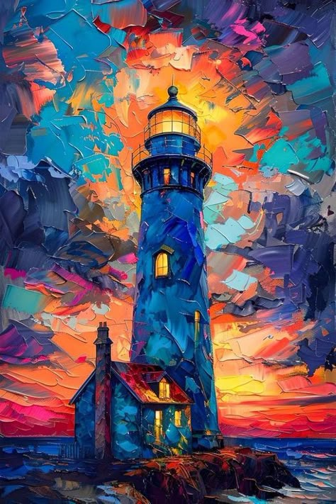 From Philip Reina Facebook page. Vibrant Oil Paintings, Vibrant Painting Ideas, Art Inspo Painting, Sea Abstract Painting, Lighthouse Paintings, Most Famous Paintings, Lighthouse Painting, Lighthouse Art, Famous Paintings