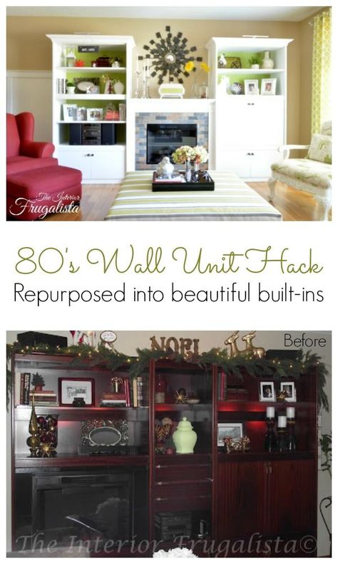 How we transformed a dated wall unit into beautiful built-ins for our living room | The Interior Frugalista #furniturehack #wallunit #repurposedwallunit #upcycledfurniture Wall Unit Makeover, Bookcases With Fireplace, Study Remodel, Living Room Feature Wall, Room Feature Wall, Built In Tv Cabinet, France House, Repurposed Projects, Old Bookcase