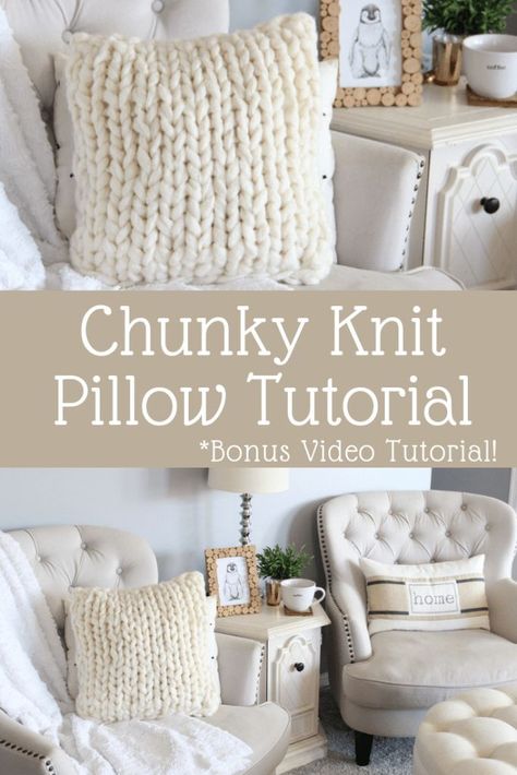 Chunky Pillow, Knitting Pillow, Diy Knit Blanket, Chunky Knit Pillow, Bamboo Knitting Needles, Pillow Tutorial, Blanket Diy, Chunky Blanket, Knit Pillow