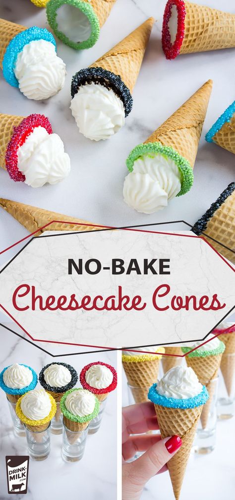 These cones are dressed up for the Summer Games! Fill waffle cones with homemade, easy light and fluffy cheesecake. Dip in sprinkles that are the colors of the Olympic rings. A tasty Olympics-themed dessert! Waffle Cones With Fruit, No Bake Cheesecake Filled Waffle Cones, Sugar Cones Ideas, Waffle Cone Dessert Ideas, Markdag Idees, Olympics Food, Selling Desserts, Cone Treats, Cheesecake Deserts