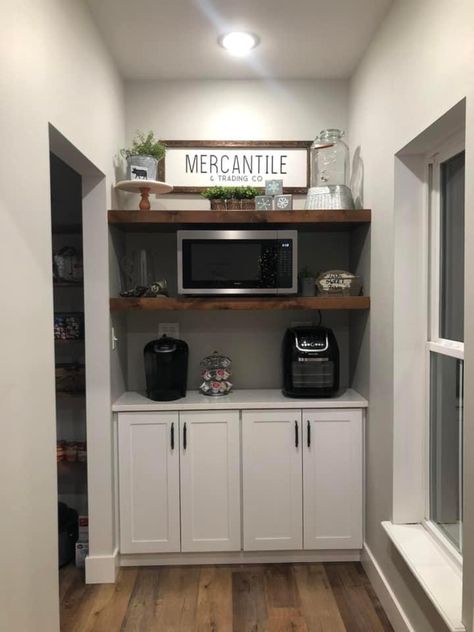 Coffee Bar Ideas Butler Pantry, Walk In Coffee Pantry, Coffee Bar And Microwave Station, Coffee Bar With Microwave Ideas, Microwave Above Coffee Bar, Coffee Bar Closet Ideas, Coffee Bar Inside Pantry, Microwave In Pantry Cabinet, Walk In Pantry With Coffee Station