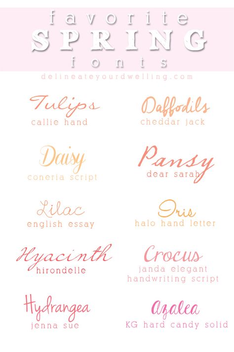 Favorite Spring Fonts, Delineate Your Dwelling Baby Shower Fonts, Fall Fonts, Spring Font, Scrapbook Fonts, Summer Font, Fancy Fonts, Favorite Fonts, Handwriting Fonts, Handwritten Fonts