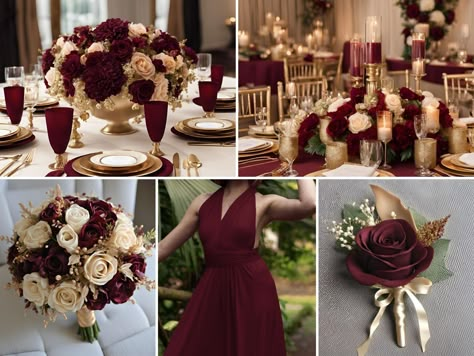 Burgundy Wedding Color Ideas: Beautiful Burgundy and Champagne Gold Wedding Ideas - Francisca's Bridal Maroon And Gold Wedding Theme Bridesmaid Dresses, Black Burgundy Ivory And Gold Wedding, Wine And Champagne Wedding Colors, Garnet And Gold Wedding, Burgundy Gold Wedding Theme, Burgundy And Champagne Wedding Decor, Burgundy And Gold Wedding Reception, Champagne And Burgundy Wedding, Wine And Gold Wedding