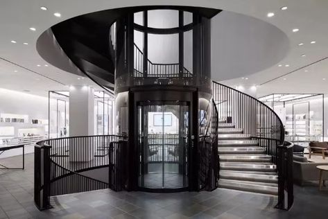 Central Staircase, Stair Elevator, Lift Lobby, Japan House, Stair Lift, Elevator Design, House London, Restaurant Concept, Luxury Homes Dream Houses