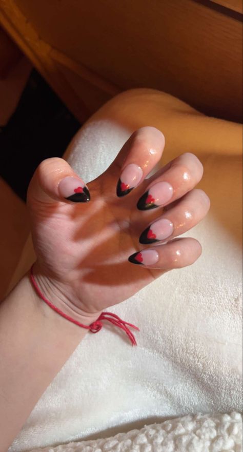 Black And Red French Tip Nails Coffin, Black French Tip Red Heart, Black French Tip With Red Heart, Red Hearts Nails, Doodle Bops, V Day Nails, Black Frenchies, Dance Nails, Hearts Nails