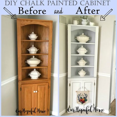 DIY Chalk Paint Corner Cabinet Styled With Ironstone Before And After Transformation #ourhopefulhome #cornercabinet #diningroomdecorating #ironstonecollection #chalkpaintmakeover #pinecabinet #chalkpaint Corner Cabinet Makeover Diy Projects, Redo Corner Cabinet, Chalk Paint Corner Cabinet, Corner Cabinet Redo Ideas, Painted Antique Corner Cabinet, Antique Corner Cabinet Makeover, Corner Cabinet Paint Ideas, Refinished Corner Cabinet, Painted Corner Cabinet Ideas