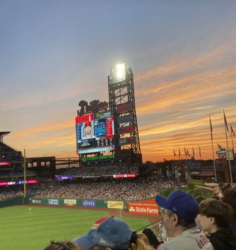 #sunset #phillies #baseball Lets Go Phillies, Phillies Game Aesthetic, Red October Phillies, Phillies Game, Phillies Memes Funny, Phillies Baseball, Times Square, Toyota, Baseball