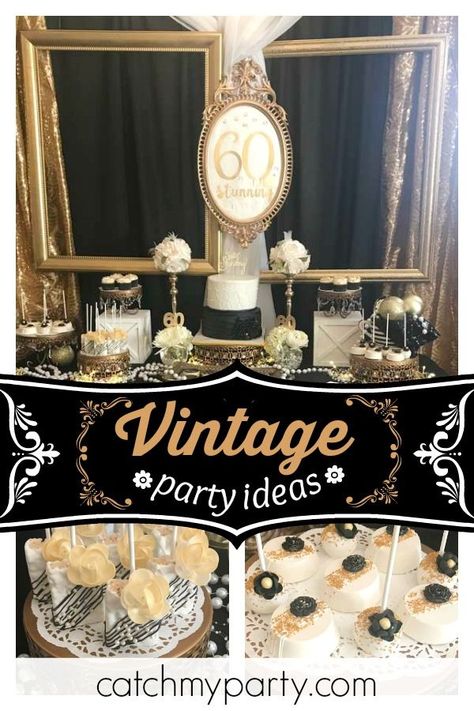 Don't miss this gorgeous vintage 60th birthday party! The dessert table is stunning!! See more party ideas and share yours at CatchMyParty.com  #catchmyparty #partyideas #60thbirthdayparty #vintageparty #glamparty Vintage 60th Birthday Party, Diy 60th Birthday Decorations, Vintage Birthday Party Ideas, 60th Birthday Party Themes, Mom 60th Birthday, 60th Birthday Theme, 60th Birthday Ideas For Mom, Birthday Party Ideas For Adults, Birthday Ideas For Mom