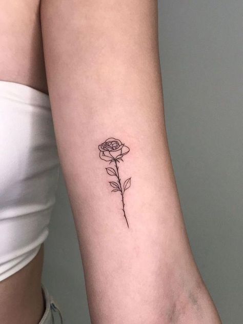 Tiny Tattoos On Forearm, Simple Written Tattoos, Small Rose Line Tattoo, Small Rose Flower Tattoo, Small Fine Line Rose Tattoo, Flower Tattoo On Arm For Women, Small Rose Tattoo Forearm, Dainty Rose Tattoo Simple, Forearm Rose Tattoo Women