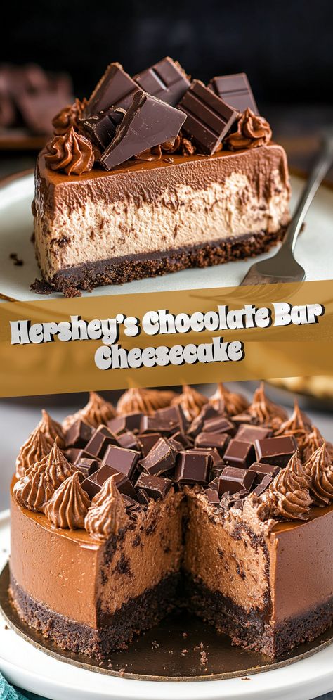 Indulge in a decadent treat with this Hershey’s Chocolate Bar Cheesecake! Perfect for chocolate lovers, this creamy dessert combines rich Hershey's chocolate with a classic cheesecake base, creating an irresistible blend of flavors. Ideal for a special occasion or simply to satisfy your sweet tooth, this dessert is sure to impress your friends and family. Cheesecake Base, Hershey Chocolate Bar, Hershey's Chocolate, Classic Cheesecake, Hershey Chocolate, Creamy Desserts, Cheesecake Bars, Chocolate Bar, Chocolate Lovers