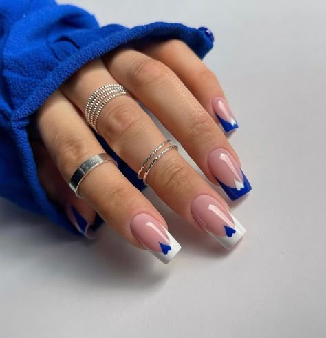 Square Acrylic Nails Blue, Square Oval Nails Short, Blue And White Nails, Graduation Nails, Valentine Nails, Square Nail Designs, Easy Nails, Colorful Nails, Her Nails