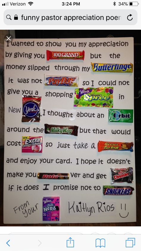 Teacher Appreciation Poems, Homemade Birthday Gifts, Candy Poster, Pastors Appreciation, Homemade Birthday, Birthday Candy, Staff Appreciation, Candy Cards, Candy Bars