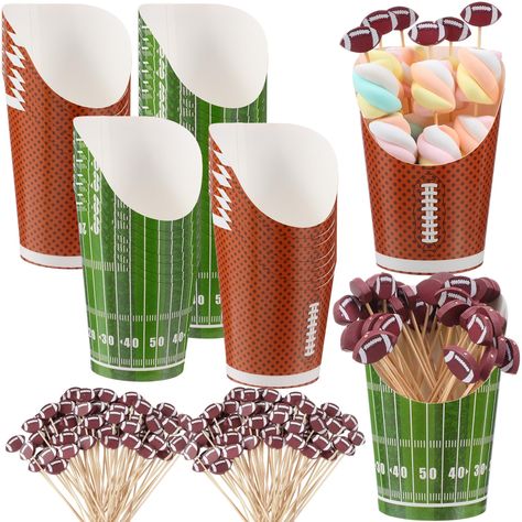 PRICES MAY VARY. Generous Packaging: you receive a substantial package containing 50 football disposable charcuterie cups in 2 styles and 100 football cocktail picks; This quantity is more than enough to cater for a lively sports gathering, ensuring every guest has access to their personal serving Quality Material: enjoy durability and quality with our football disposable appetizer cups and cocktail picks; The cups are made of sturdy cardboard while the picks are made from bamboo; These material 49ers Football Party, Football Charcuterie, Football Party Snacks, Football Candy, Appetizer Cups, Food Cups, Charcuterie Cups, Charcuterie Appetizers, Homecoming Spirit