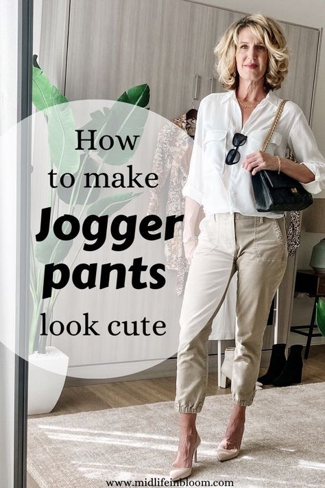 How to make jogger pants look cute with outfit ideas from Lisa at Midlifeinbloom.com #over50style #fashionover50 #outfitideas #casualoutfits #casualstyles #womensfashion #cuteoutfits Styling Joggers For Work, Outfit Ideas Linen Pants, How To Wear Jogger Pants, How To Style Joggers For Women Casual, Styling Joggers Women, Khaki Joggers Outfit Women, How To Style Joggers For Women, Dressy Jogger Pants Outfit, How To Style Joggers