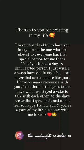 The Midnight Scribbler❤️🙈 on Instagram: "Thanks for being a part of my life ,thanks for loving me ,thanks for always being the one who made feel better ,you stayed with me always ,thank you 🥺😢♥️ . . . . . . Written by Admin (@nair_on_fire18 ) . . . Follow @the_midnight_scribbler_23 for more ♥️ . . . . #reels #reelsinstagram #reeitfeelit❤️ #couplegoals #lovequotes #relationshipquotes #writings #thankyou #bestfriendsalways #quotesforyou #foryou❤️ #explorepage✨ #romanticcouples #relatablequotes Thank You For Making Me Feel Better, Thank You For Being My Person, Thank You For Always Being There For Me, Thank You For Making Me Feel Loved, Midnight Quotes, Life Quotes Relationships, Thanks For Everything, Message For Boyfriend, Try Your Best