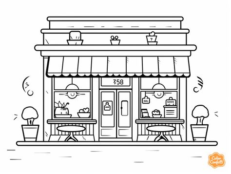 illustration of Friendly cafe coloring page Cafeteria Drawing, Mandala Turtle, House Clipart, Building Drawing, Cozy Cafe, Urban Sketching, Colouring Pages, Free Kids, Coffee Break