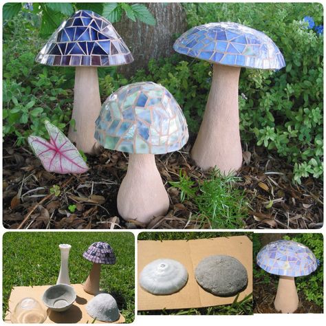 DIY Garden Mushrooms Diy Garden Mushrooms, Mushroom Projects, Mushrooms Design, Garden Mushrooms, Meteor Garden 2018, Apartment Diy, Bbq Kitchen, Concrete Garden, Garden Art Sculptures Diy