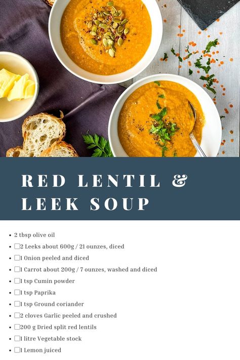 An easy recipe for red lentil and leek soup with carrot and earthy spices blended to a creamy texture. Perfect for a healthy nutritious lunch. Leek And Lentil Soup Recipe, Leek Lentil Soup, Soup Leek, Nutritious Lunch, Dairy Free Recipes Dinner, Dairy Free Dinner, Homemade Soup Recipe, Lentil Soup Recipes, Red Lentil Soup