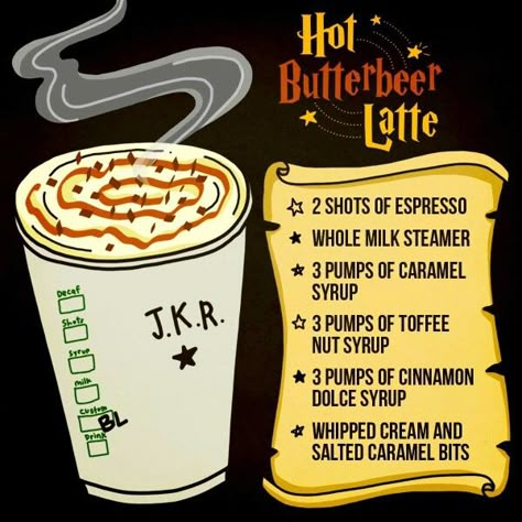 Hot Butterbeer Latte from Starbucks.  Just show the barista this pic and they'll make it for you. Kawa Starbucks, Butterbeer Latte, Butterbeer Frappuccino, Hot Butterbeer, Harry Potter Drinks, Resep Starbuck, Butterbeer Recipe, Butter Beer, Glume Harry Potter