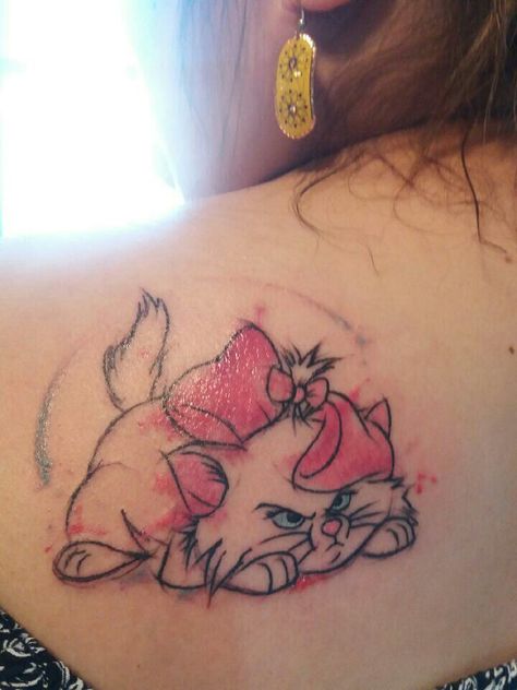 I'm a lady!  My Marie (Aristocats) tattoo done by @inkbyaballar from Lucky 13 Tattoo #watercolor Disney Cat Tattoo, Marie Tattoo Aristocats, Marie Aristocats Tattoo, Watercolor Disney Tattoo, Aristocats Tattoo, Marie Tattoo, Disney Watercolor Tattoo, 13 Tattoo, Disney Sleeve