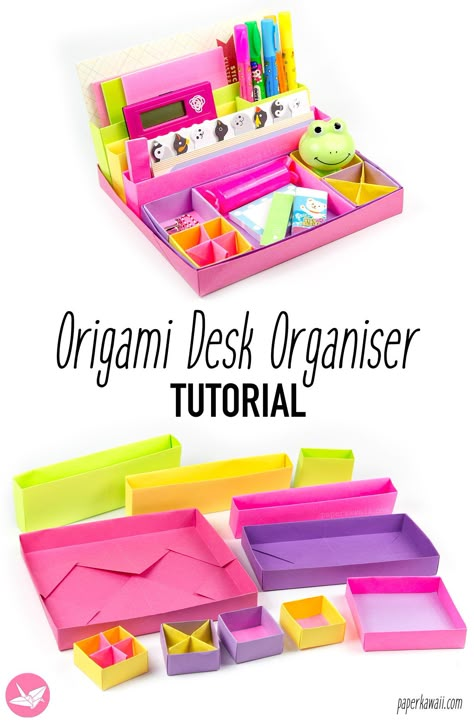 origami-desk-organiser-tutorial-paper-kawaii-pin Origami Organizer Diy, Origami Desk Organizer, Desk Organization Ideas Diy, Origami Organizer, Cute Origami Easy, Origami Jewelry Box, Paper Organization Diy, Paper Playground, Diy Back To School Supplies